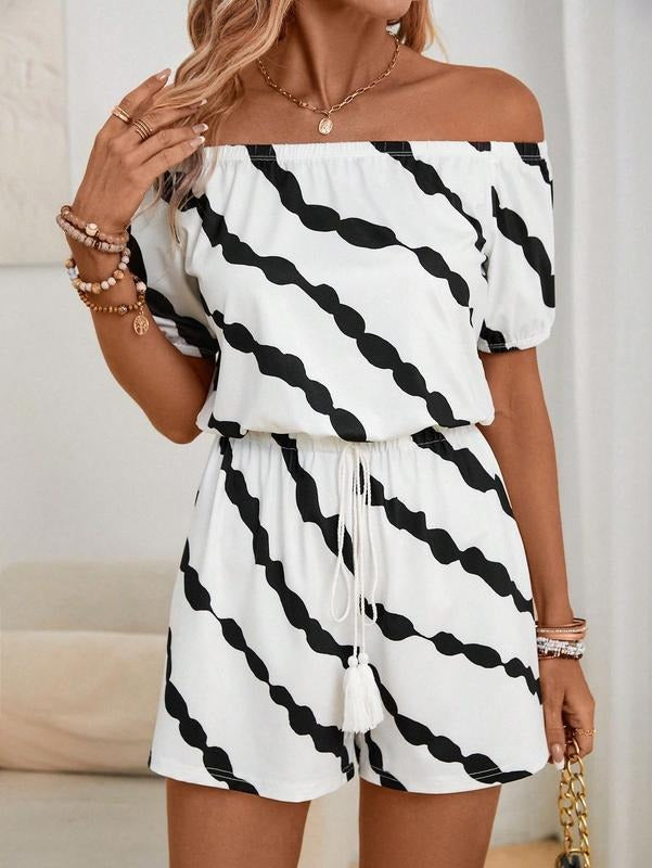 Summer Off Shoulder Romper Colorblock Short Sleeve Knot Printed Shorts Jumpsuit T-Shirts, Hoodie, Sweatshirt | WearSparks.com