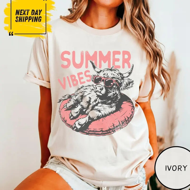 Summer Vibes Shirt, Highland Cow Tshirt, Retro Summer Shirt, Funny Beach Shirt, Funny Cow Shirt, Beach Graphic Hoodie,...