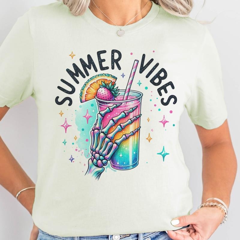 Summer Vibes Skeleton Drink Graphic Tee Skull Summer Vacation Tshirt Casual Lightweight Pool T-shirts