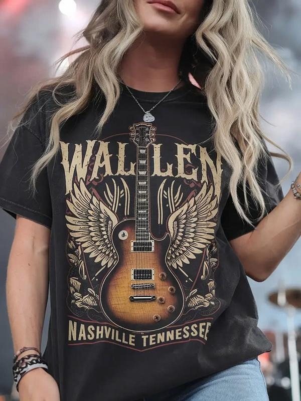 Nashville Tennessee Guitar & Wings Design, Casual Round Neck Short Sleeve Top for Spring/Summer T-Shirts, Hoodie, Sweatshirt