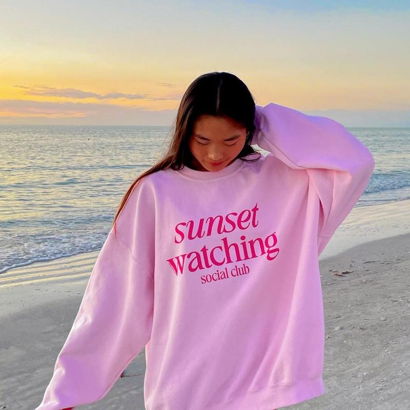 Sunset Watching Social Club Sweatshirt, Cotton Casual Oversized Hoodie, Sunset Hoodie, Beach Hoodie, Womens Sweatshirt...