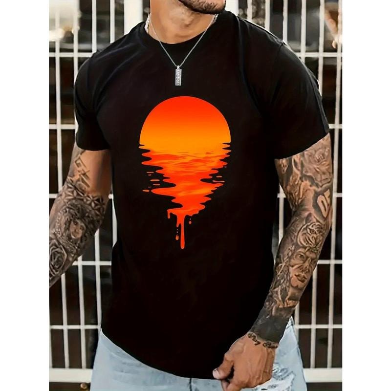 Sunset graphic print T-shirt men's casual style summer and autumn slightly elastic round neck T-shirt Made in USA