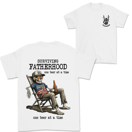 "Surviving Fatherhood One Beer At A Time" T-Shirt - Funny Dad Skeleton Tee - Perfect Father's Day Gift