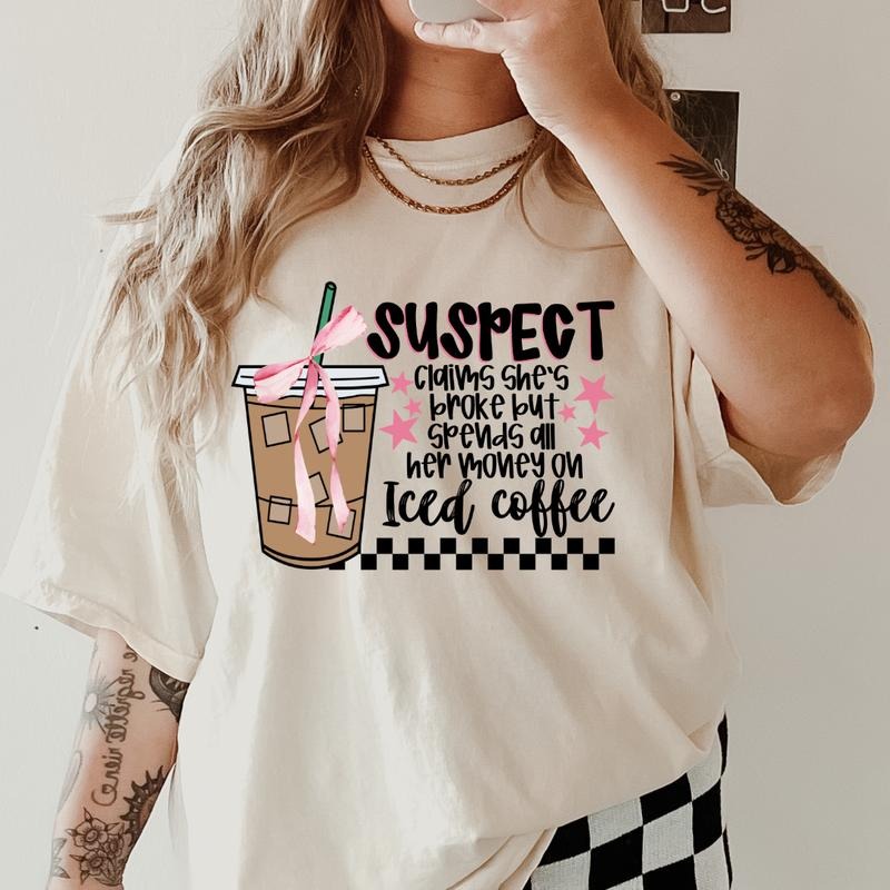 Suspect Iced Coffee Shirt~ Unisex Apparel Relaxed Fit Printed In The USA Clothing Womenswear Casual Comfort Cotton Top Athletic Boho Chic