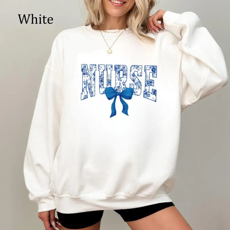 Nurse Floral Blue Bow Crewneck Sweatshirt/T-Shirt, For Men, For Women, Unisex Style, 100% Cotton, Pullover Crewneck Sweatshirt