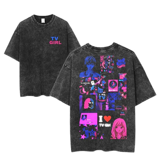 TV Girl Anime Collage Graphic Tee, Who Really Cares Tour Merch, Vaporwave Pop Art Shirt, Washed Black Unisex Indie Music Aesthetic T-Shirt