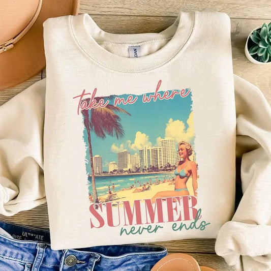 "Take Me Where Summer Never Ends" Palm Tree & Sunset Design, Crew Neck Casual Top for Vacation, Spring & Summer Essential, Shirts for Summer