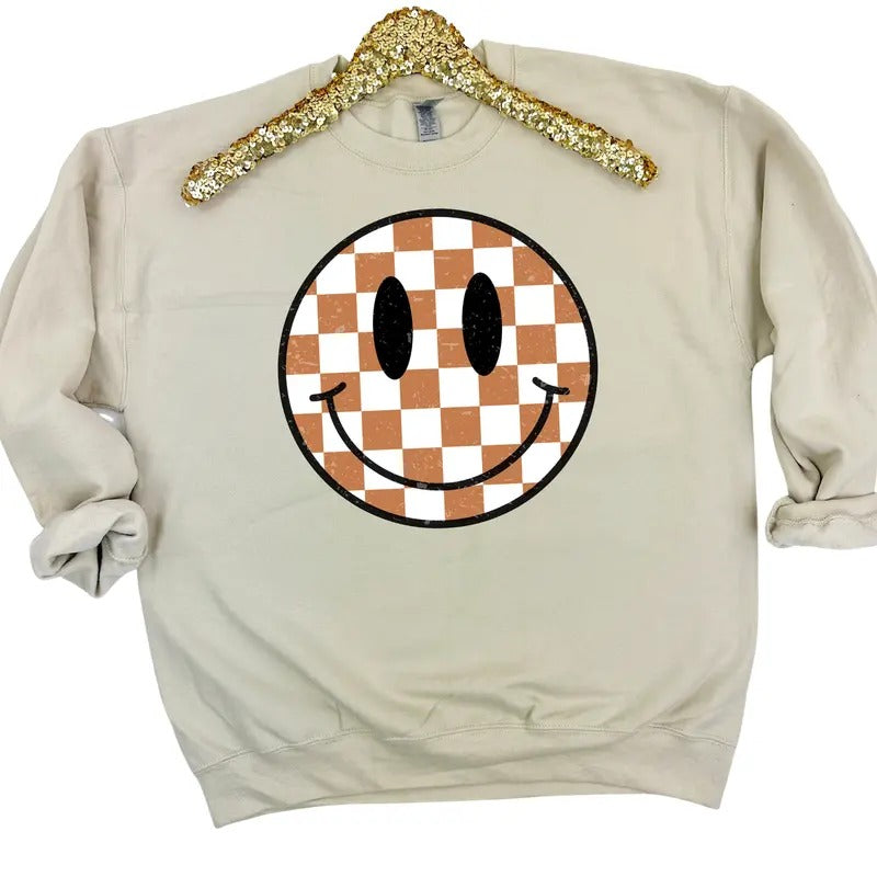 Tan Checkered Happy Face Sweatshirt 'NLB'