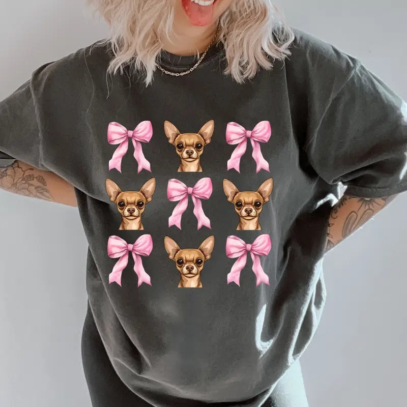 Tan Chihuahua with bows Shirt~ Unisex Apparel Relaxed Fit Printed In The USA Clothing Womenswear Casual Comfort Cotton Top Athletic Boho Chic