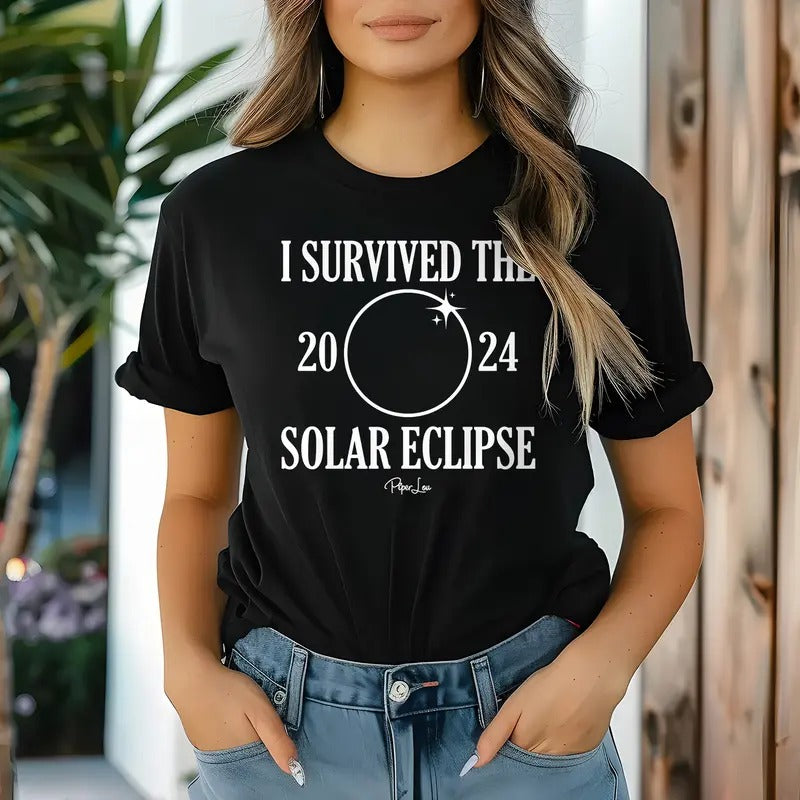 I Survived The 2024 Solar Eclipse, Proudly Printed In The USA, Tee / Tank Black, #sassy #cute #whiteprint