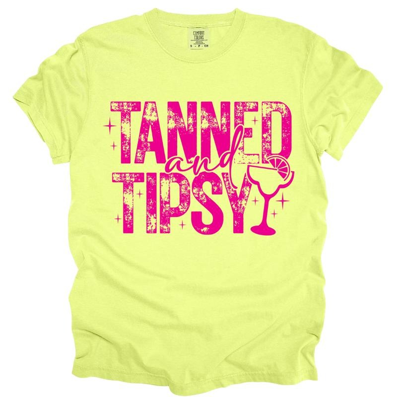 Tanned & Tipsy Neon Shirt ~ Unisex Apparel Relaxed Fit Printed In The USA Clothing Womenswear Casual Comfort Cotton