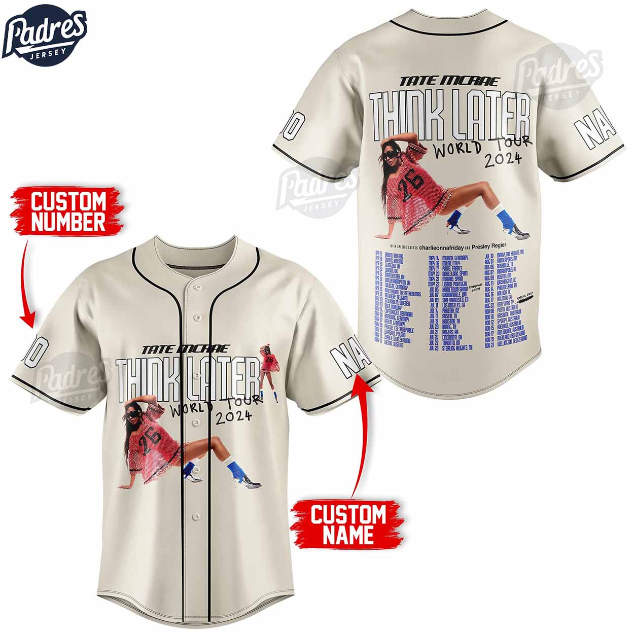 Tate McRae Think Later World Tour 2024 Baseball Jersey For Sale - Padres Jersey Oasis: Elevate Your Baseball Style Game