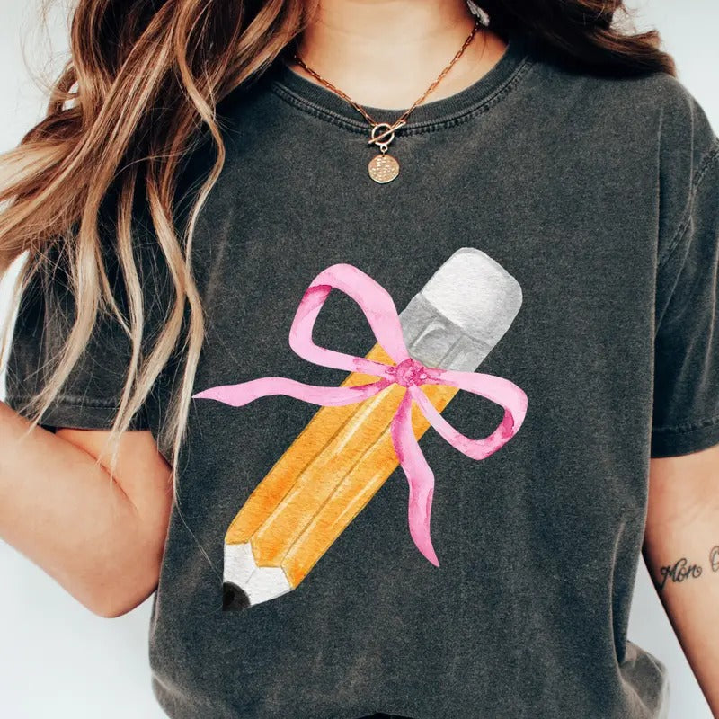 Teacher Comfort Colors Shirt, Pencil Bow Teacher Shirt, Back To School Shirt, Elementary School Shirt, Gift For Teacher,Teacher Shirt Fabric Top Cotton Womenswear