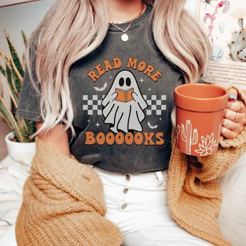 Teacher Halloween Shirt | Halloween Teacher | Read More Books | Spooky Teacher Ghost Shirt | Teacher Teams Shirt | Halloween Party | Vintage Cotton Crewneck Shortsleeve Basic