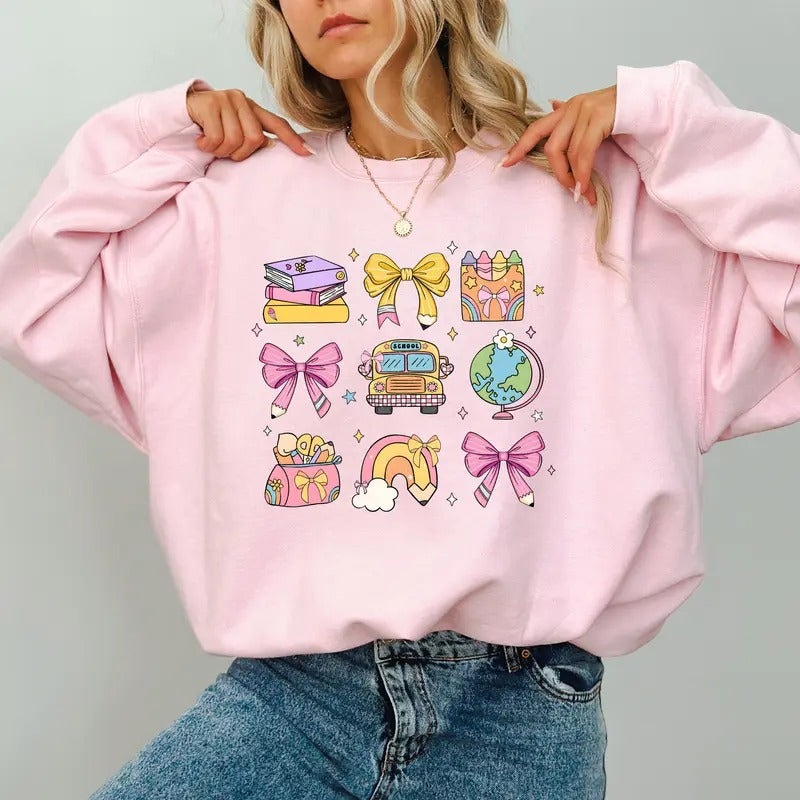 Teacher Pink Coquette Bow Sweatshirt, Back To School Crewneck, Book Crayon Pencil Sweater, Teacher Gift Shirt, Back To School Outfits, 1st Day of School Teacher Tee, Comfy Long Sleeve Pullover, Womens Tops, Casual Womenswear, Comfort Colors Cotton Fabric