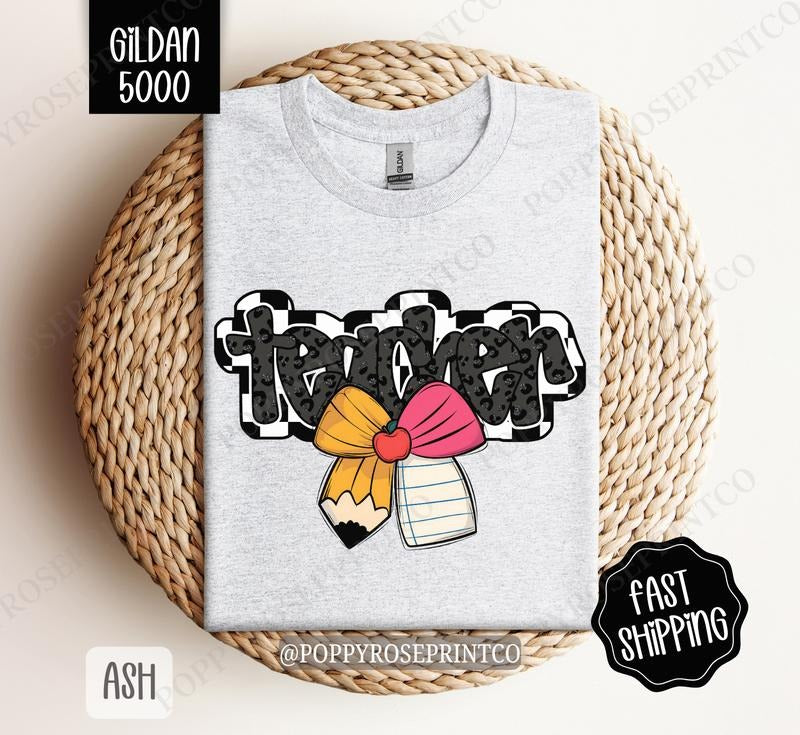 Teacher School Bow Gildan Tshirt, Cute Education Gift, Teacher Appreciation Shirt, Teacher Tee