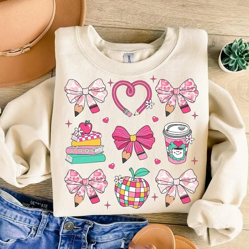 Teacher Valentine Coquette Sweatshirt Pink Teacher , Retro Teacher Gift,Teacher Heart , XOXO T-Shirts, Hoodie