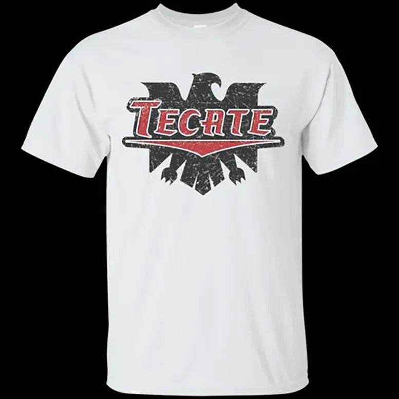 Tecate Beer Logo Graphic T-shirt, White Red Worn Label Pattern Tee, Unisex Sweatshirt, Hoodie, Top Menswear Streetwear Crewneck Tropical Casual