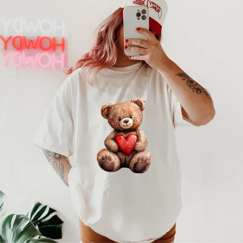 Teddy Beart heart Valentines Shirt~ Unisex Apparel Relaxed Fit Printed In The USA Clothing Womenswear Casual Comfort Cotton Top Athletic Boho Chic