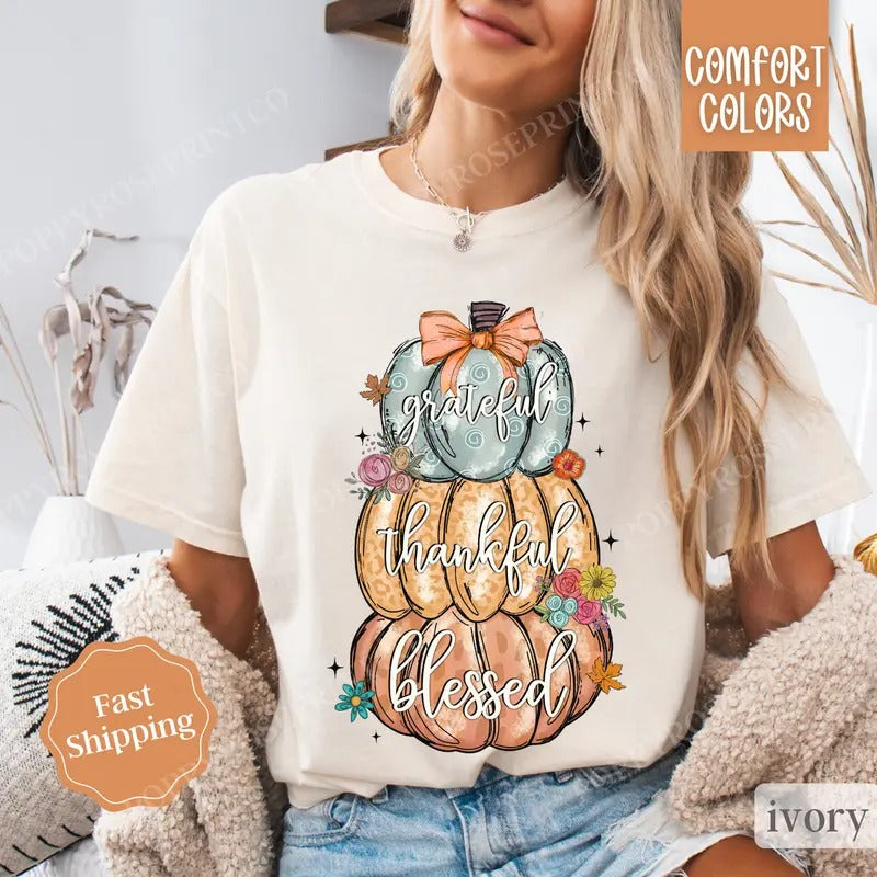Thankful Pumpkin Shirt Comfort Colors, Thanksgiving Tshirt, Women's Fall Teestyle{n002}2 Hoodie, Sweatshirt | WearSparks.com