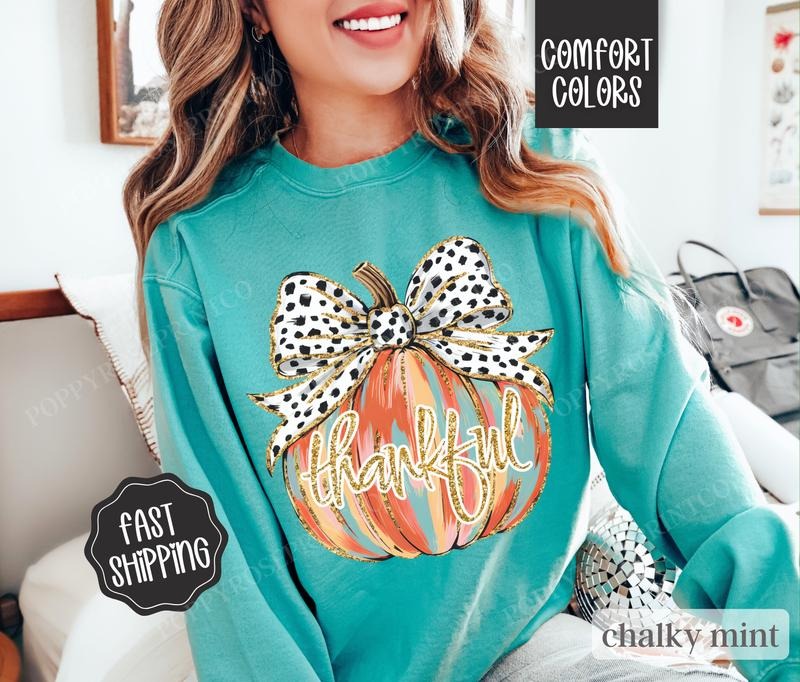Thankful Pumpkin Sweatshirt Comfort Colors, Thanksgiving Sweater Womenswear, Holiday Crewneck