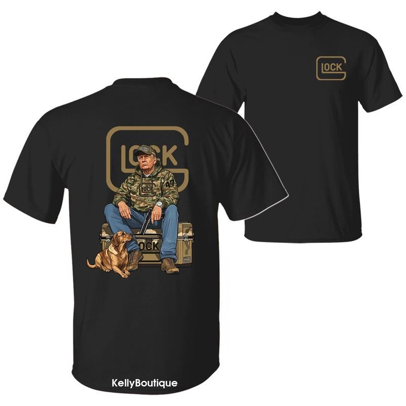 The 47th President Trump Holding a Glock Sitting Next to a Hunting Dog Shirt, Camo Hunting Season Crewneck Unisex Cotton T-shirt for Men for Women