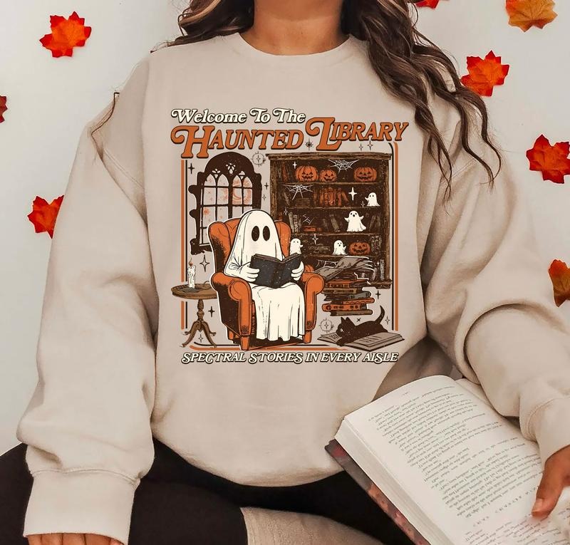 The Haunted Library Sweatshirt, Spooky Librarian Sweater, Ghost Bookish Crewneck, Halloween Readers Tee, Cute Spooky Sweater for Book Lover