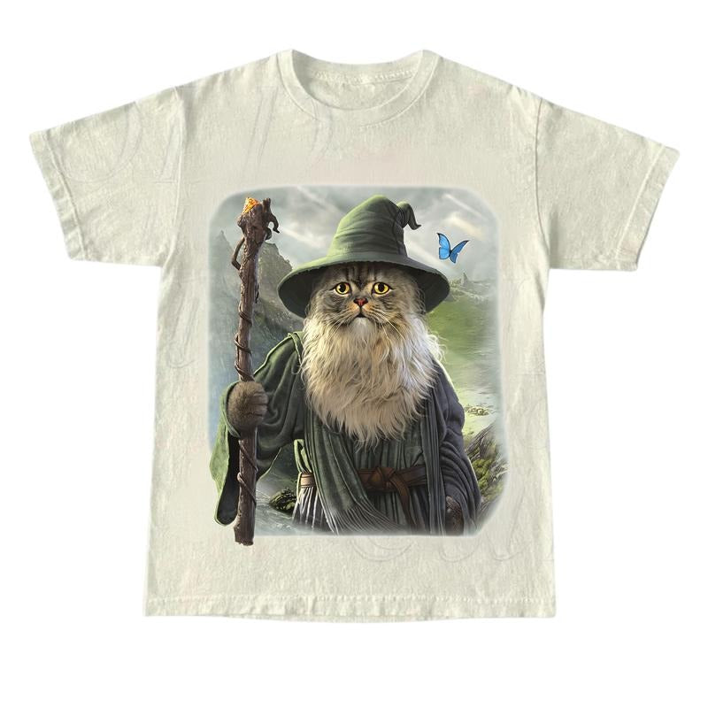 The Mountain Catdalf Unisex T-Shirt, Cotton Funny Graphic Tees for Cat Lovers, Cat Selfie Vintage 90s Graphic Shirt, Retro Funny Cat Tee, Alien Kitten Shirt, Y2k Halftone Gag Washed Tee, Cat Lovers Gift