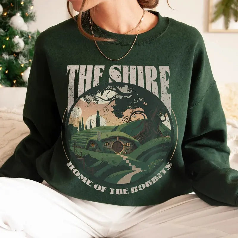 The Shire LOTR Sweatshirt, Distressed Fantasy Merch, Tolkien Aragorn Frodo Baggins Elven Elrond the Fellowship Bookish Hoodie, Hobbit Unisex Soft Comfort Crewneck Pullover Long Sleeves Graphic Fabric Sweater