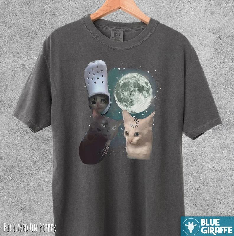 Three Cats Moon Retro T-Shirt, Meme Comfort Colors Graphic Tee Hoodie, Sweatshirt | WearSparks.com