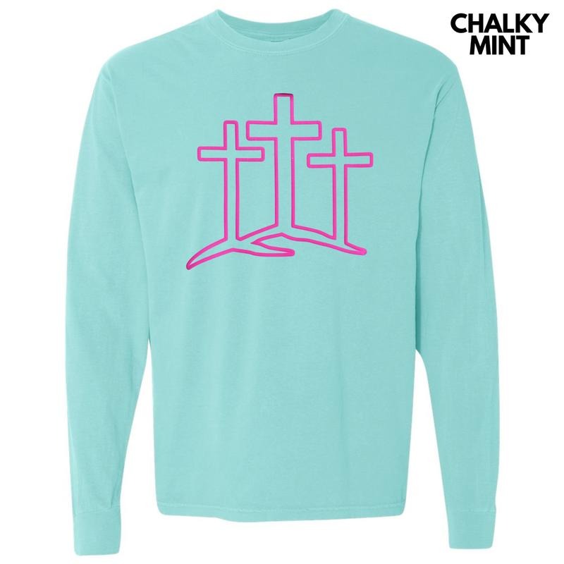Three Crosses Pink Puff Long Sleeve Comfort Colors T-Shirt