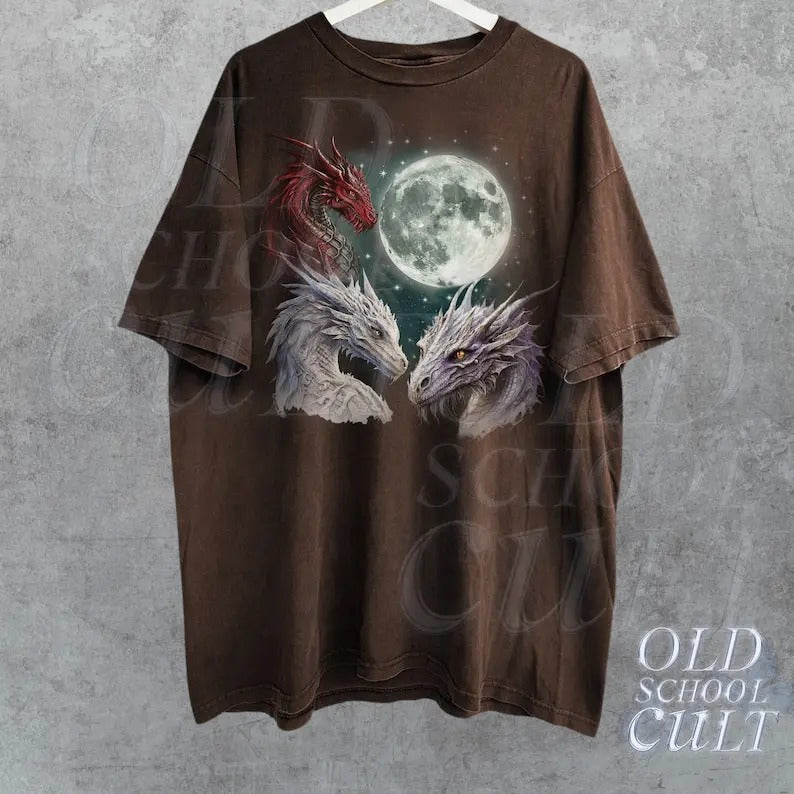 Three Dragon Moon Vintage Graphic T-Shirt, Dragons 90s Style Shirt, Retro Goth Aesthetic Tee, Dark Academia Shirt, Dragon Moon Ball Shirt