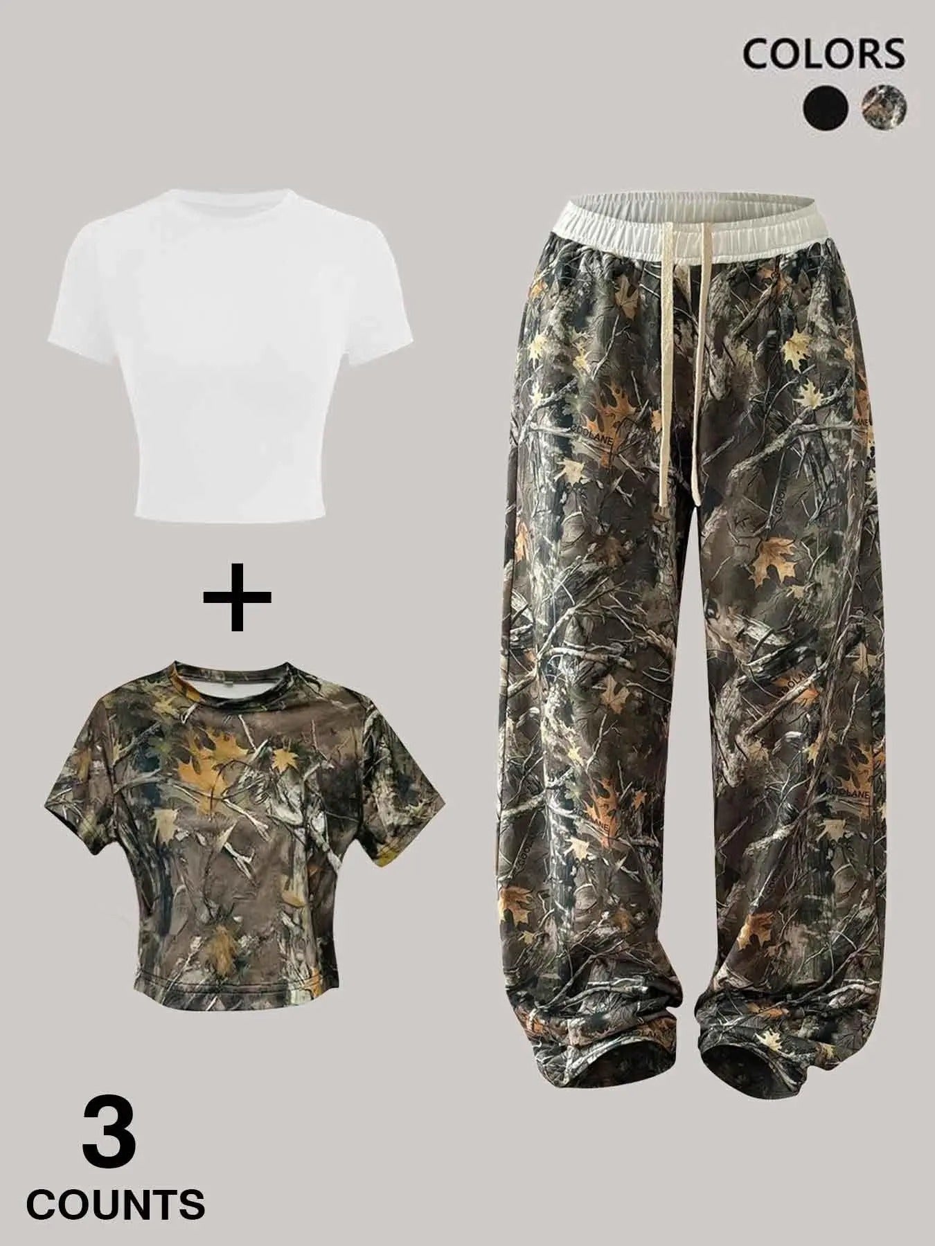 Three-Piece Set Women's Solid Crop Tee & Camo Print Pants & Crop Tank Top Set, Casual Fashion Cozy Breathable Three-piece for Daily Outdoor Wear, Ladies Summer Clothesstyle{n002}2