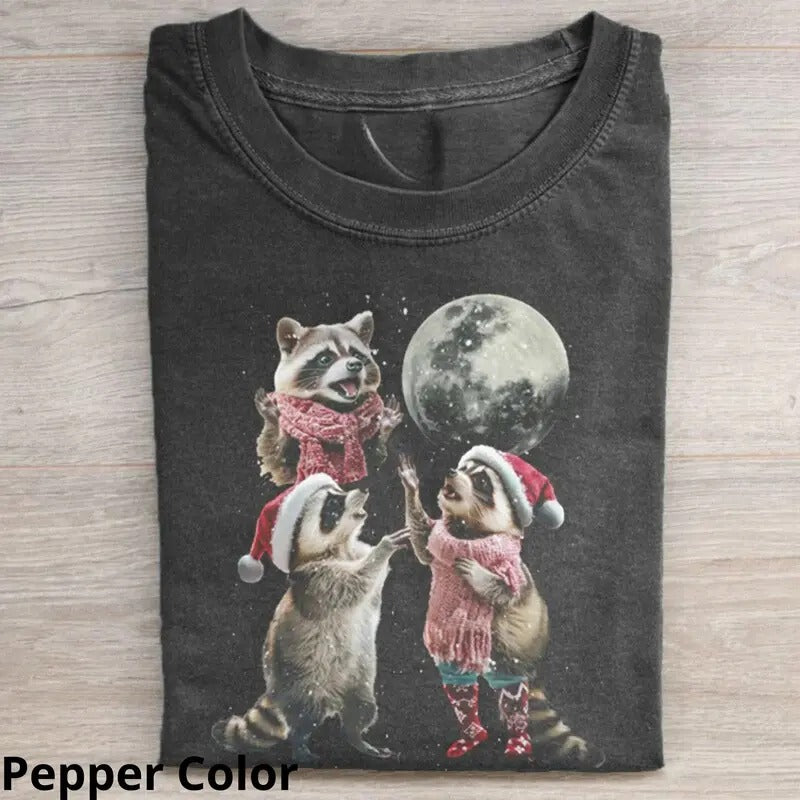 Three Raccoons Vintage Christmas T-shirt, Funny Graphic Tee Womenswear Top Streetwear Tshirt