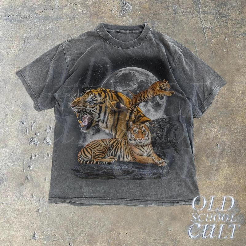 Three Tigers Vintage 90s Graphic T-shirts, Retro Alpha Moon Tshirt, Funny Tiger Lovers Gift, Relaxed Washed Shirt, Unisex Galaxy Nature Tee