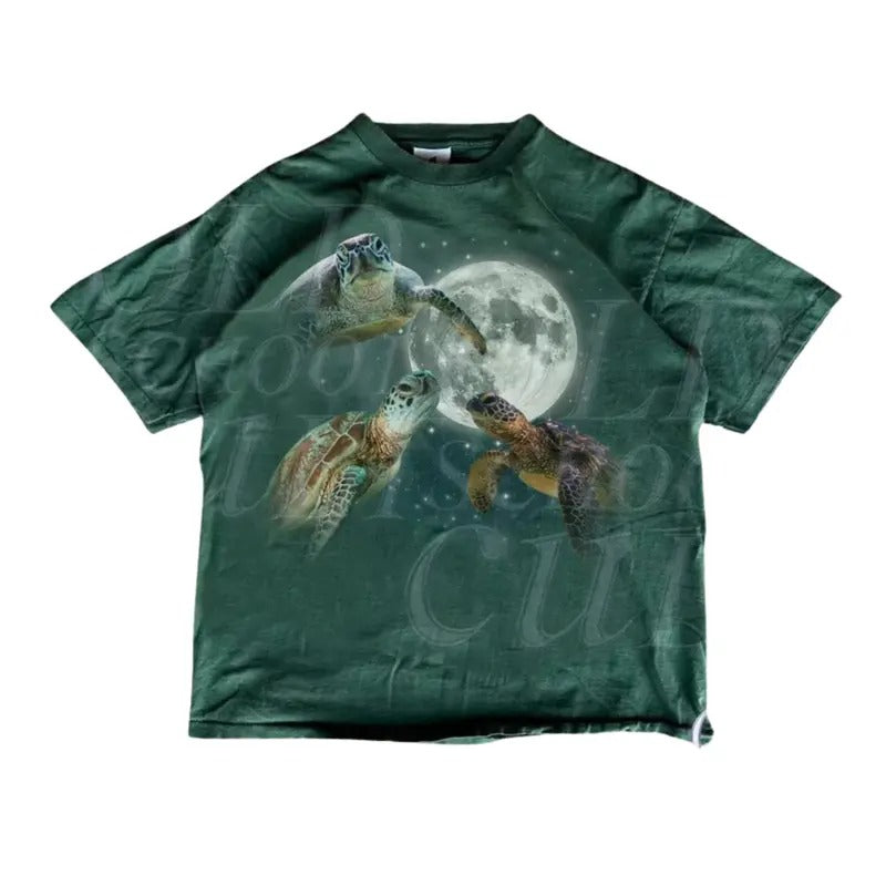 Three Turtles Vintage 90s Graphic T-shirts, Retro Turtle Moon Tshirt, Turtle Lovers, Funny Galaxy Ocean Tee, Relaxed Unisex Washed Fun Tee