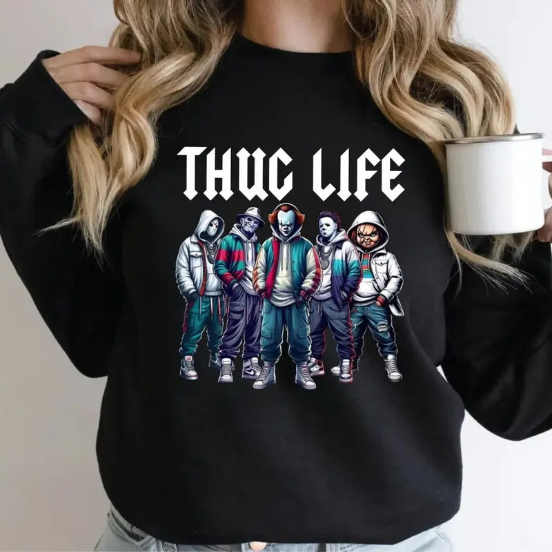 Thug Life Halloween Sweatshirt, Horror Halloween Character Sweatshirt, Halloween Sweatshirt, Trendy Halloween Shirt, Funny Halloween Shirt, Unisex Long Sleeve Crewneck Shirt