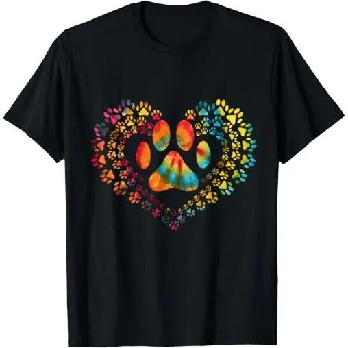 Tie Dye Love Dog Paw Print Heart Animal Lover T-Shirt Made in USA