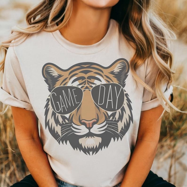 Tigers With Game Day Glasses Game Day Mascot Tshirt, Football Mom Shirt, Cute Game Day T-Shirt, Mascot Shirt, Unisex Top Womenswear Summer