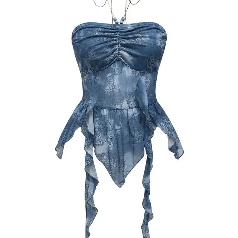 TikTokShopBacktoSchool Paisley Print Ruffle Asymmetrical Hem Halter Top Ruched Tie Backless Crop Tops