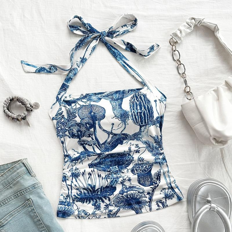 TikTokShopBacktoSchool Tie Halter Neck Ruched Top Backless Slim Fit Summer Vacation Crop Top