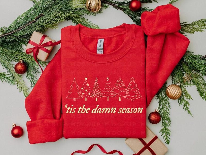 Tis The Damn Season Green Tree Embroidered Christmas Sweater, Christmas Crewneck, Christmas Tree Sweatshirt, Winter Sweatshirt, Merry Xmas