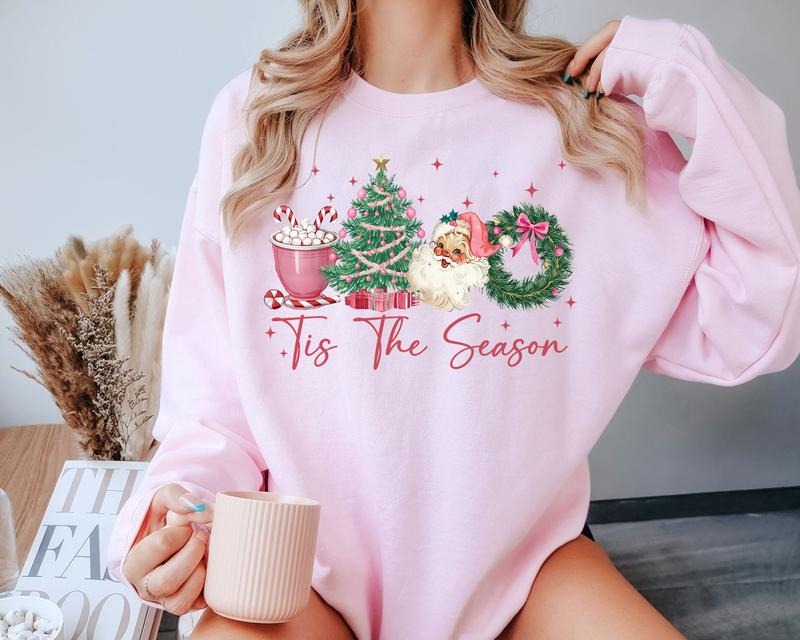 Tis The Season Christmas Sweatshirt, Coquette Bow Christmas Sweater, Retro Christmas Crewneck, Girly Christmas Sweater, Merry Christmas Shirt, Pink Santa Christmas Sweatshirt, Xmas Holiday Shirt