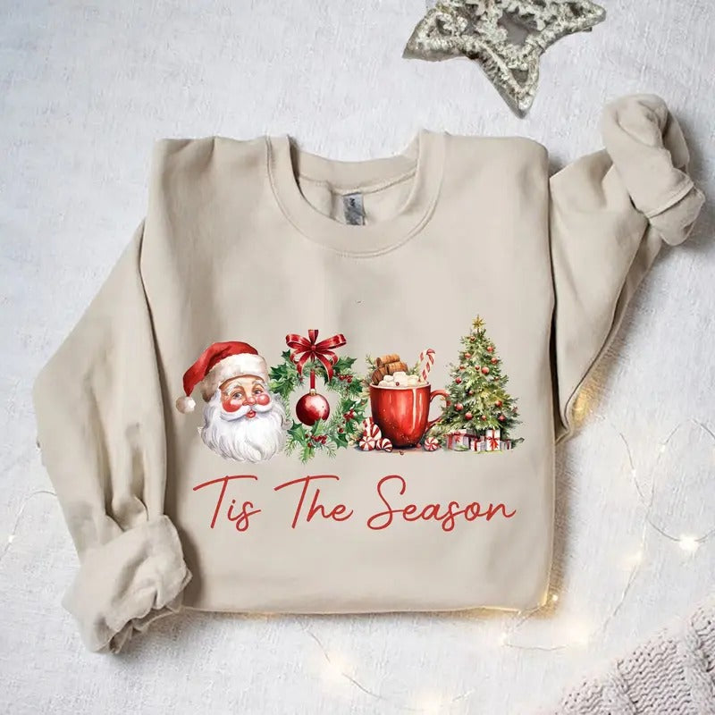 Tis The Season Christmas Sweatshirt, Retro Christmas T-Shirt, Cute Xmas Tree, Trendy Holiday Apparel, Christmas Gift, christmas santa Sweatshirt, Coffee Lover Xmas