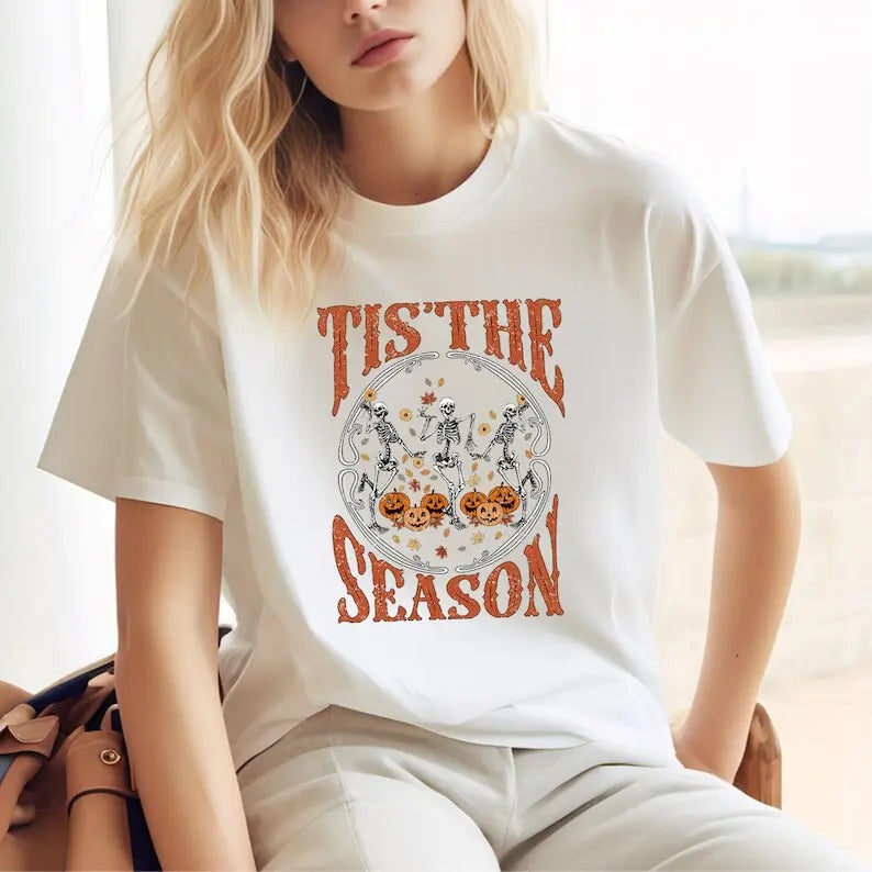 Tis The Season Shirt, Halloween T-Shirt, Fall Shirt, Skeletons Dancing Shirt, Autumn Shirt, Halloween Skeleton Shirt, Vintage Spooky Season