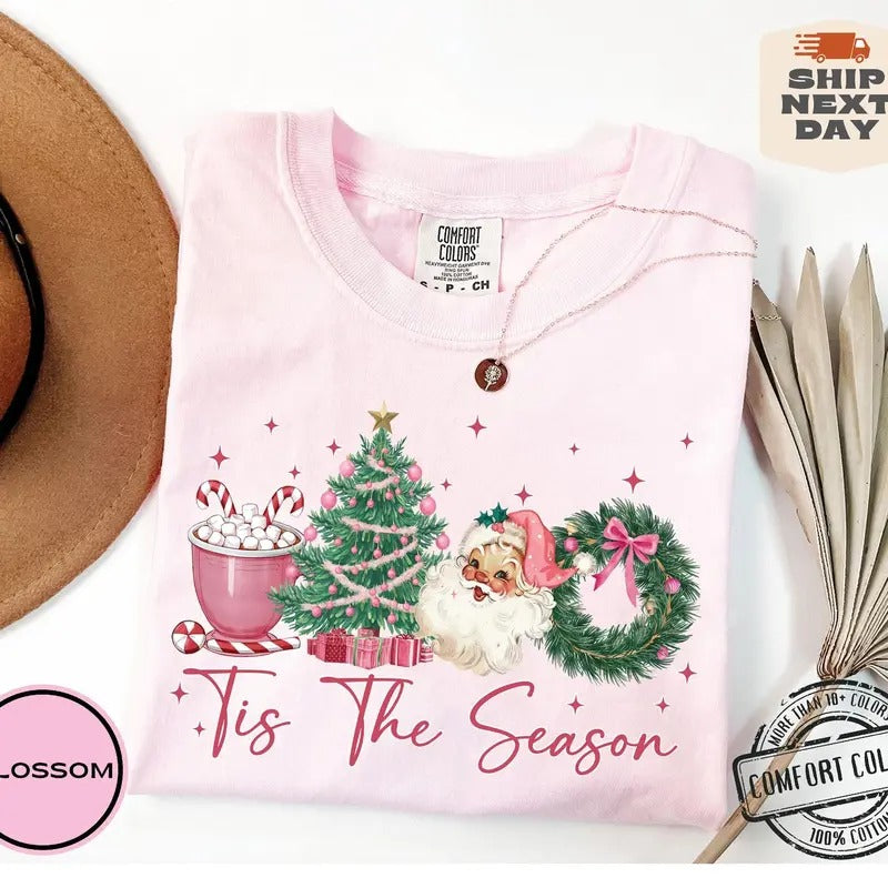 Tis The Season Sweatshirt, Coquette Bow Christmas Shirt, Retro Christmas Crewneck, Girly Christmas Sweater, Merry Christmas