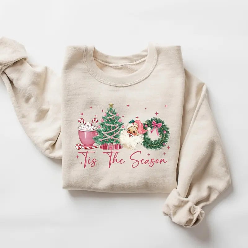 Tis The Season Sweatshirt, Pink Christmas Tis The Season Sweatshirt, Merry Christmas Shirt, Christmas Sweatshirt, Cute Winter Shirt, Xmas Tee, Winter Holiday Shirt