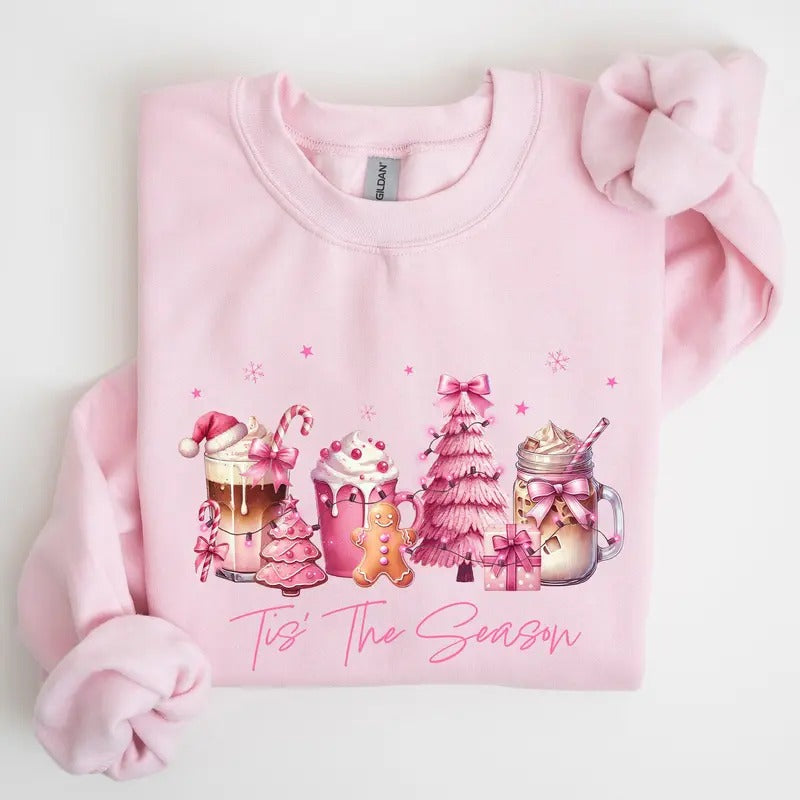 Tis The Season, Coffee Drinks, Pastel, Christmas, Pink, Snow Sweatshirt, Crew Neck, Women's, Crewneck T-Shirts, Hoodie