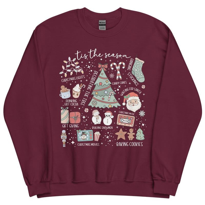 Tis the Season Christmas Doodles Crewneck - Unisex Apparel Relaxed Fit Printed In The USA Clothing Womenswear Casual Comfort Cotton Top Athletic Boho Chic