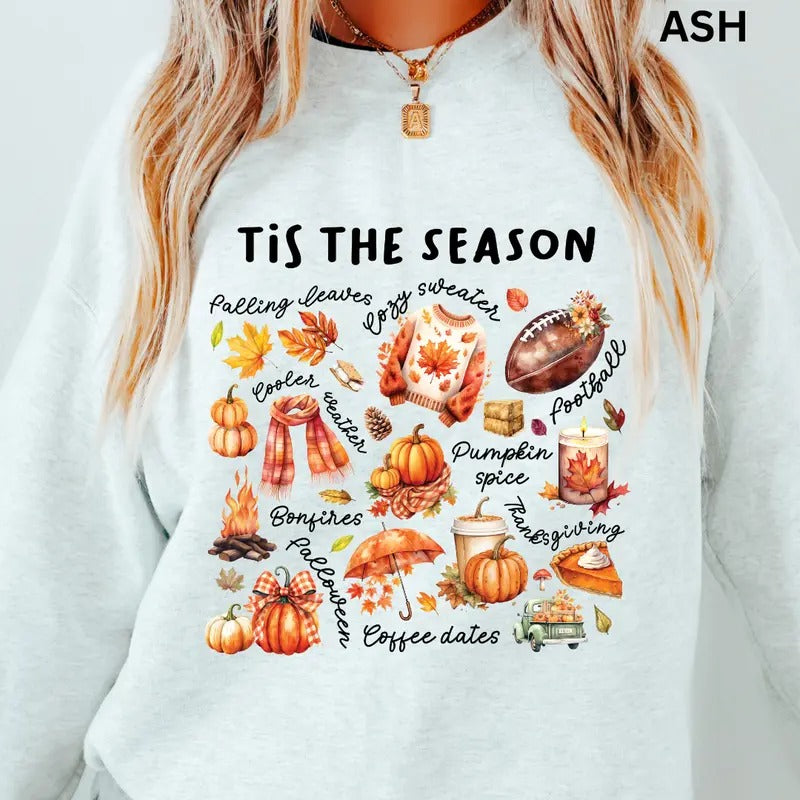 Tis the Season Fall Doodles Season Sweatshirt, Print t-shirt, Vintage Halloween Sweatshirts, Halloween Tok, fall Crewnecks, fall sweaters, first day of school outfit, trending T-shirt, Casual, Womenswear